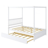 A stylish white canopy bed with a sturdy wooden frame and slats, perfect for enhancing bedroom decor.